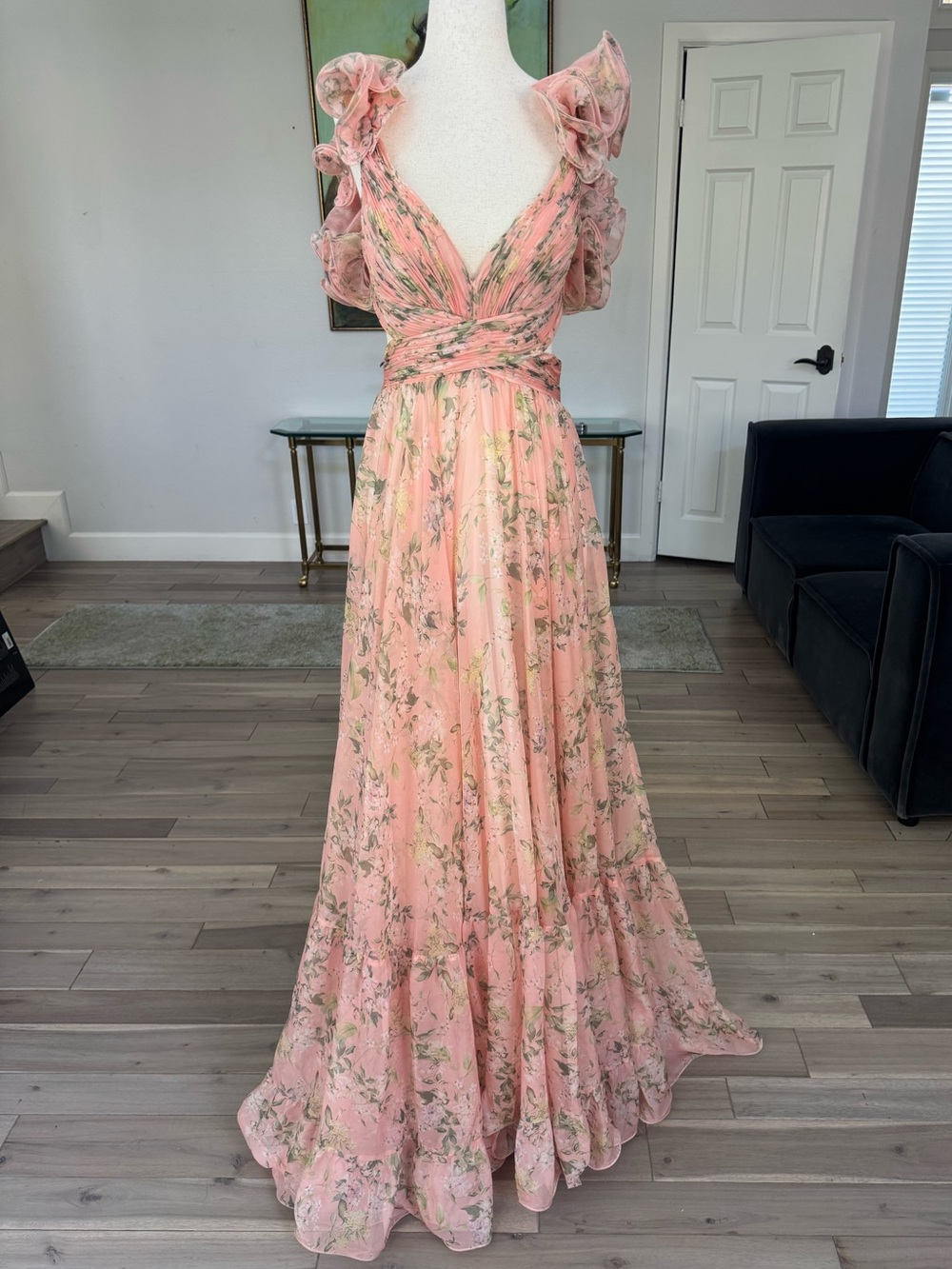 Mac Duggal Pink Floral V-Neck Ruffled Maxi Dress